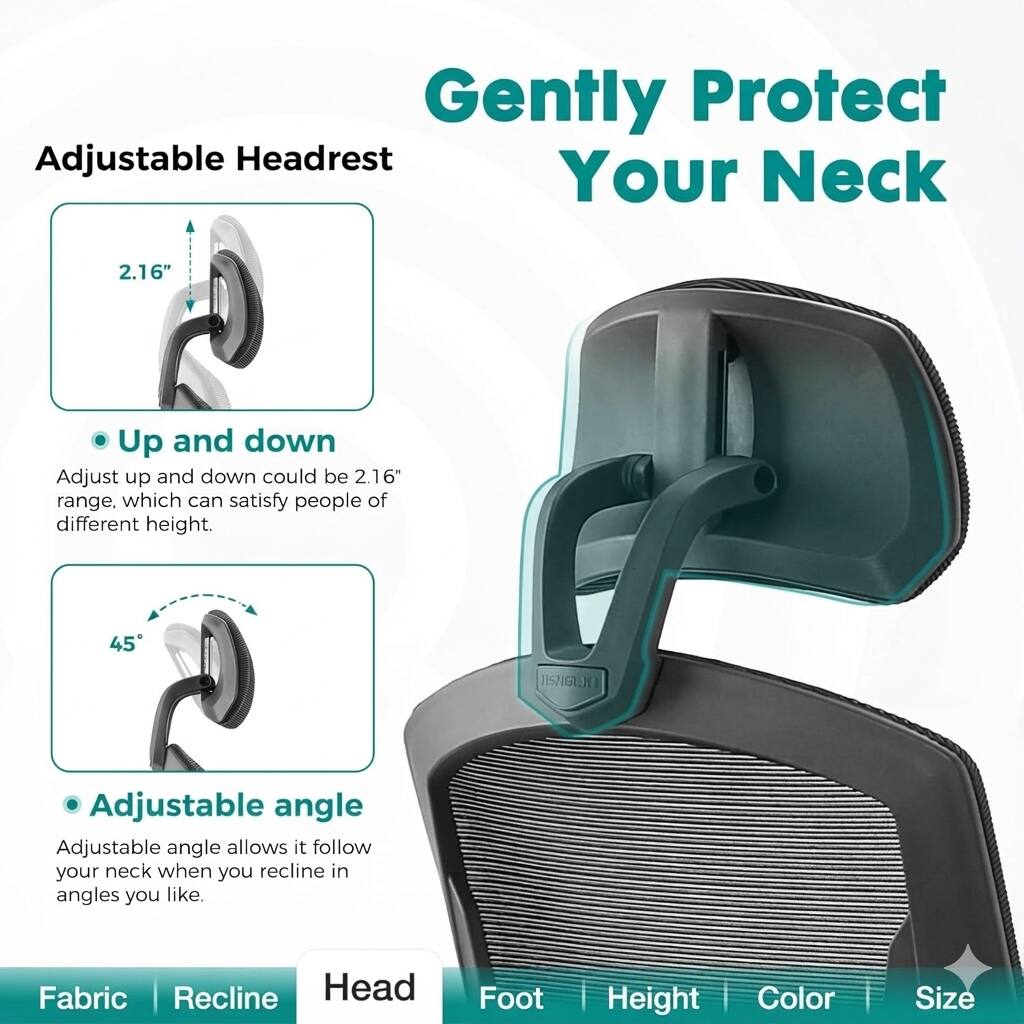 Gently Protect Your Neck

Adjustable Headrest

- Up and down
  Adjust up and down could be 2.16" range, which can satisfy people of different height.

- Adjustable angle
  Adjustable angle allows it to follow your neck when you recline in angles you like.

Fabric | Recline | Head | Foot | Height | Color | Size