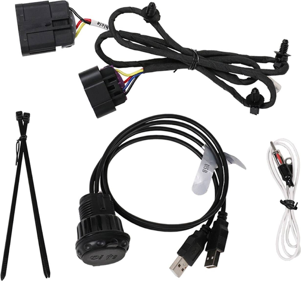 The image shows a variety of electronic components, including a black wire, a black cord, and a black cable. There is also a black cord with a white connector, a black wire with a white connector, and a black cord with a white plug. Additionally, there is a black wire with a white connector and a black cord with a white plug. These components are likely used for connecting a vehicle to a USB device.