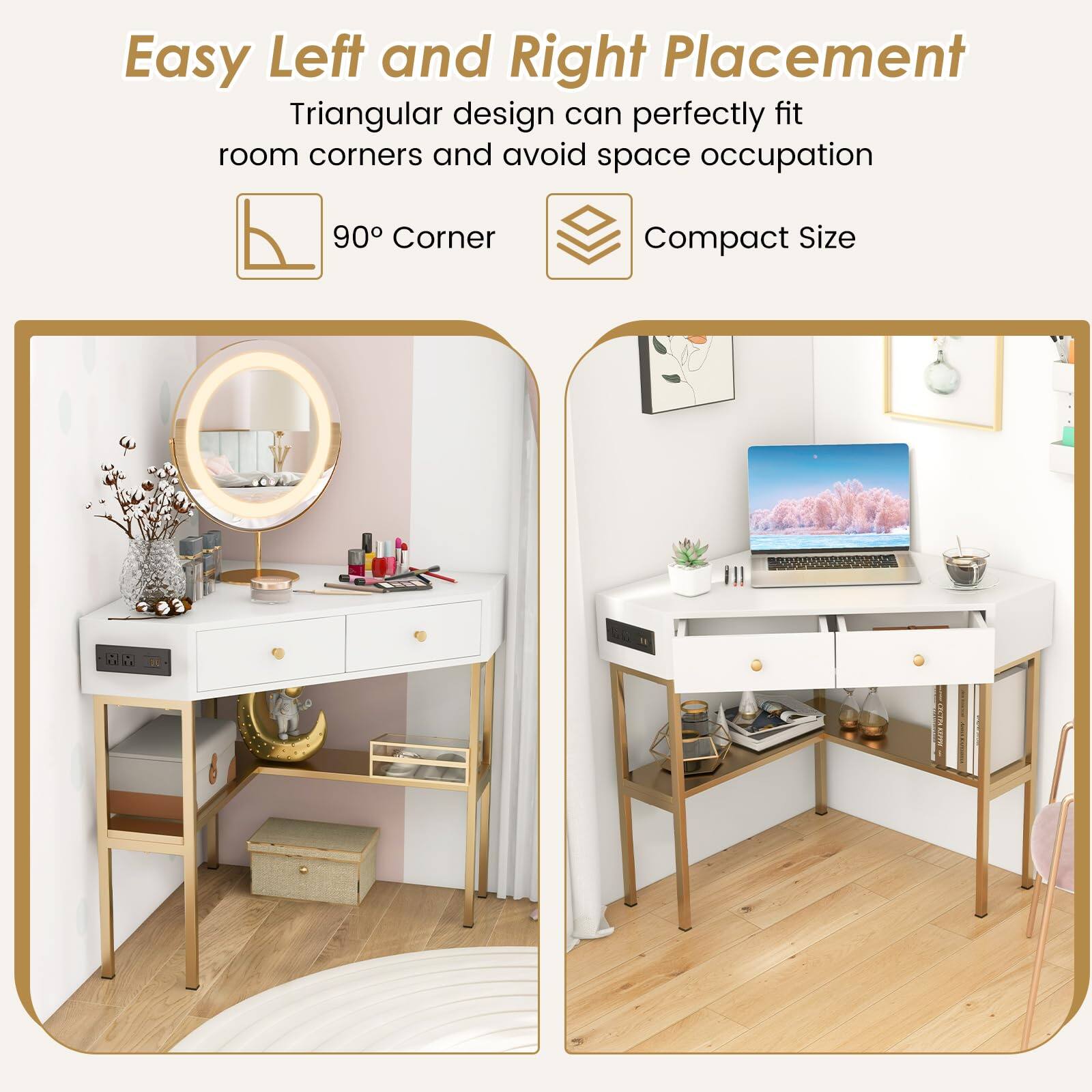 Easy Left and Right Placement, Triangular design can perfectly fit room corners and avoid space occupation, 90° Corner, Compact Size