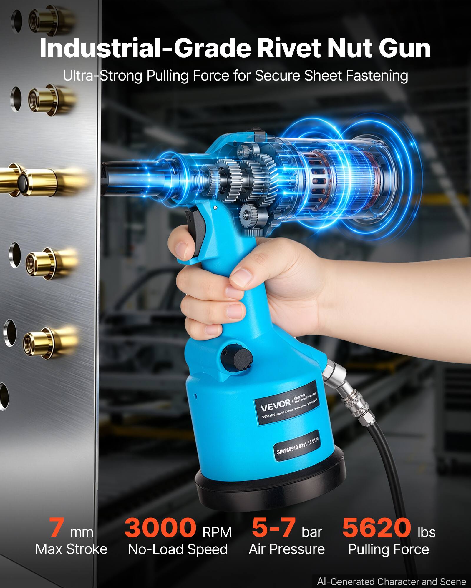 Industrial-Grade Rivet Nut Gun Ultra-Strong Pulling Force for Secure Sheet Fastening

Upgraded hime. IV VEVOR Larter adidas VEVOR Support

15 $100 8311 SIN260510

7 mm 3000 RPM 5-7 bar 5620 lbs Max Stroke No-Load Speed Air Pressure Pulling Force

AI-Generated Character and Scene