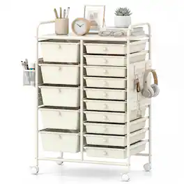 Costway - 15-Drawer Rolling Cart with Pegboard, 2 Locking Brakes, Metal Frame for Home - White