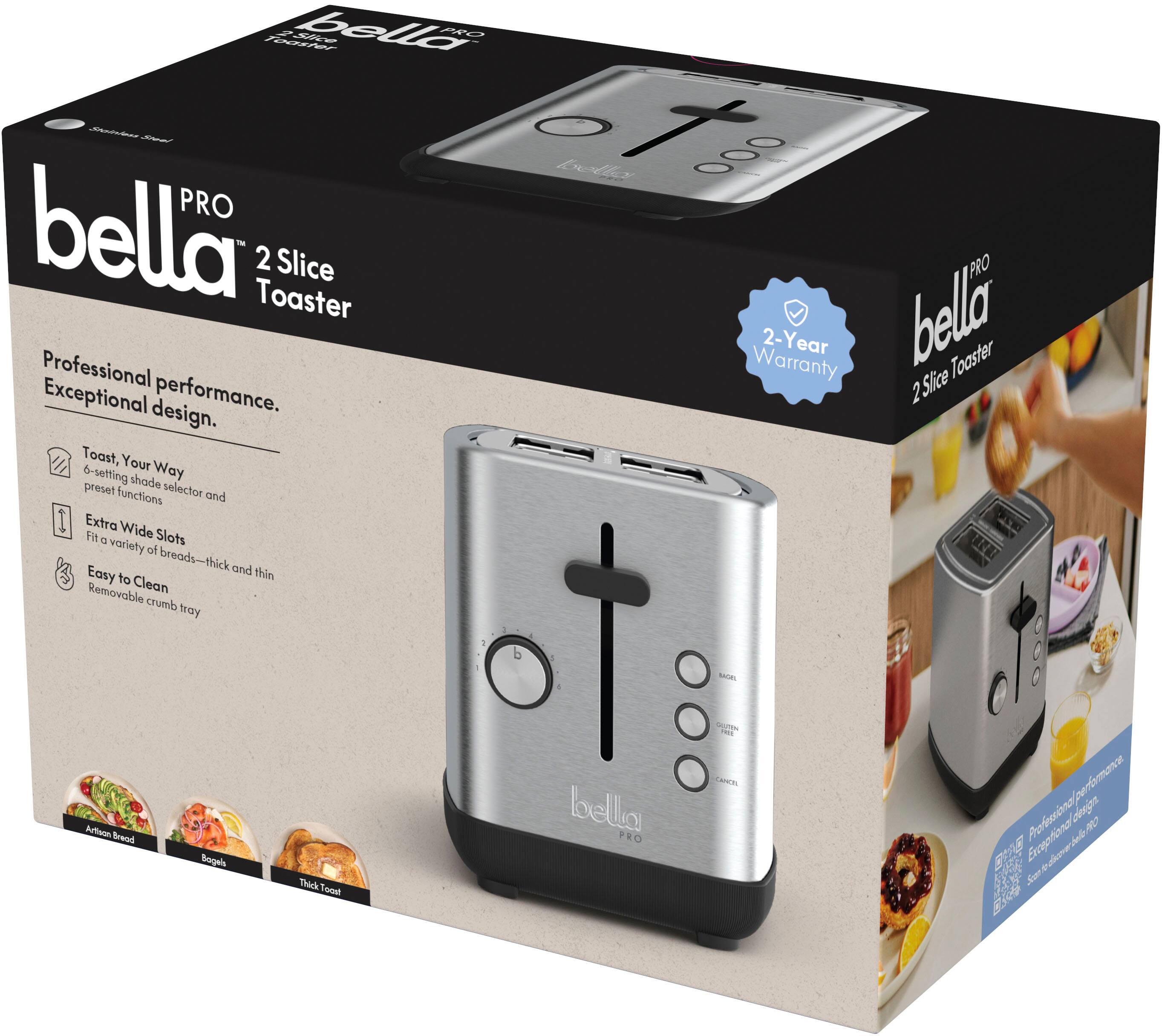 The text on the image is already grouped and corrected. The text reads: "Pro Bella 2 Slice PRO Professional Toaster Exceptional performance. 2 Slice design. Toast, Your 6-setting shade way preset functions selector and Extra Wide variety of breads-thick and thin Removable Clean crumb tray. Professional performance."