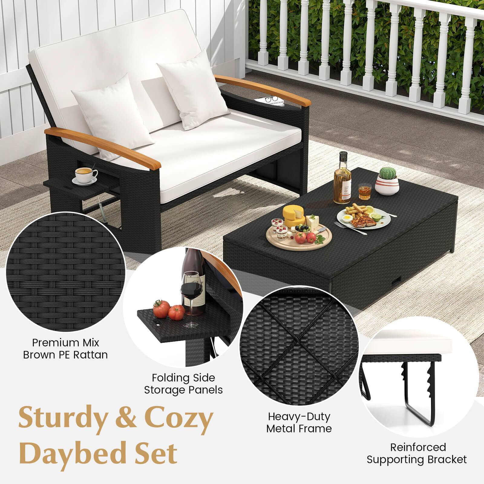 Premium Mix Brown PE Rattan Folding Side Storage Panels Sturdy & Cozy Daybed Set Heavy-Duty Metal Frame Reinforced Supporting Bracket