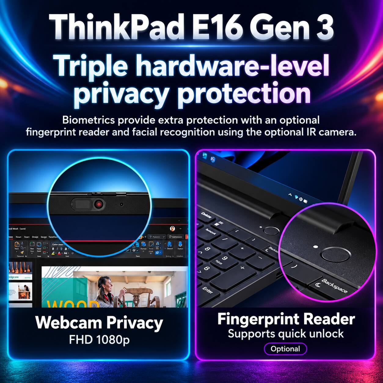 ThinkPad E16 Gen 3 Triple hardware-level privacy protection Biometrics provide extra protection with an optional fingerprint reader and facial recognition using the optional IR camera.

Webcam Privacy FHD 1080p

Fingerprint Reader Supports quick unlock Optional