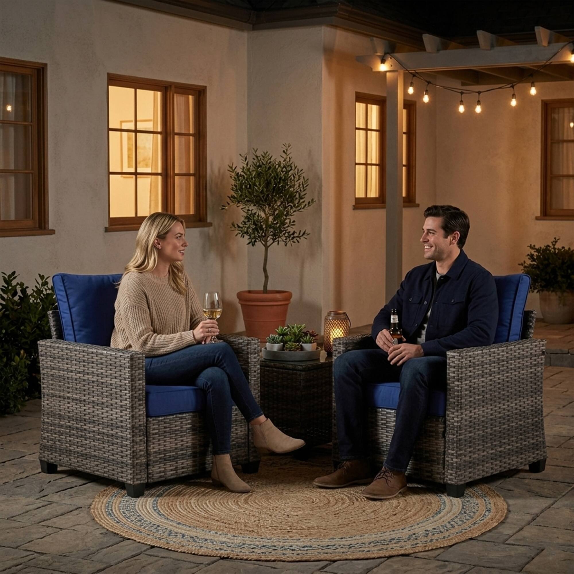 Alt View 5. Yardgrace - 2 Pcs Patio Chairs, Outdoor Rattan Wicker High Back Chairs with Comfortable Cushions, All Weather for Porch Deck - Navy blue.