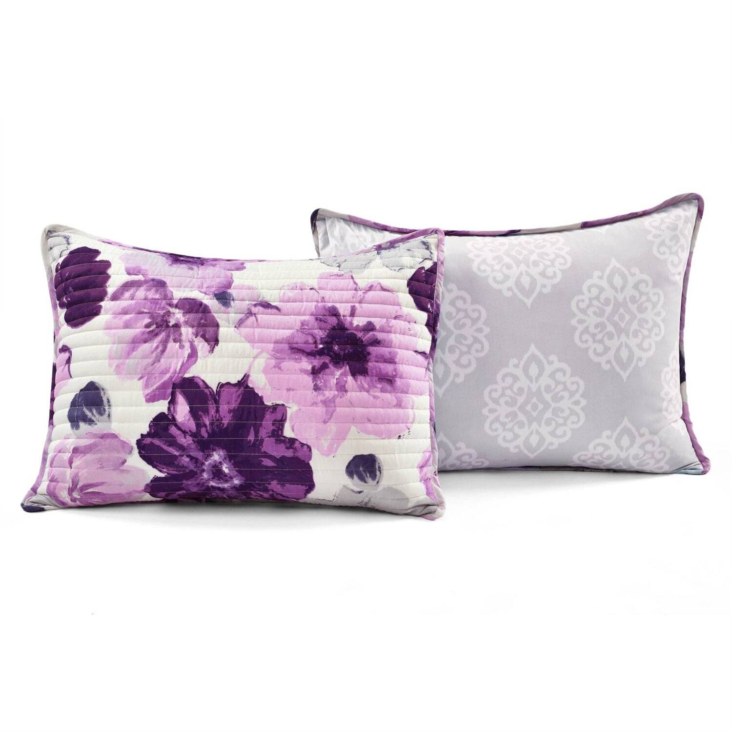 Alt View 1. Hivvago - Full/Queen Purple Grey Flowers Lightweight Polyester Microfiber Quilt Set - Purple,Grey.