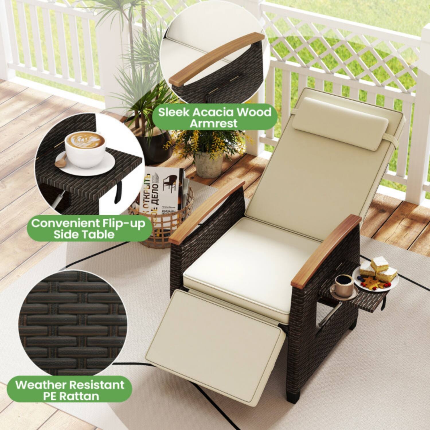 Sleek Acacia Wood Armrest  
Convenient Flip-up Side Table  
Weather Resistant PE Rattan