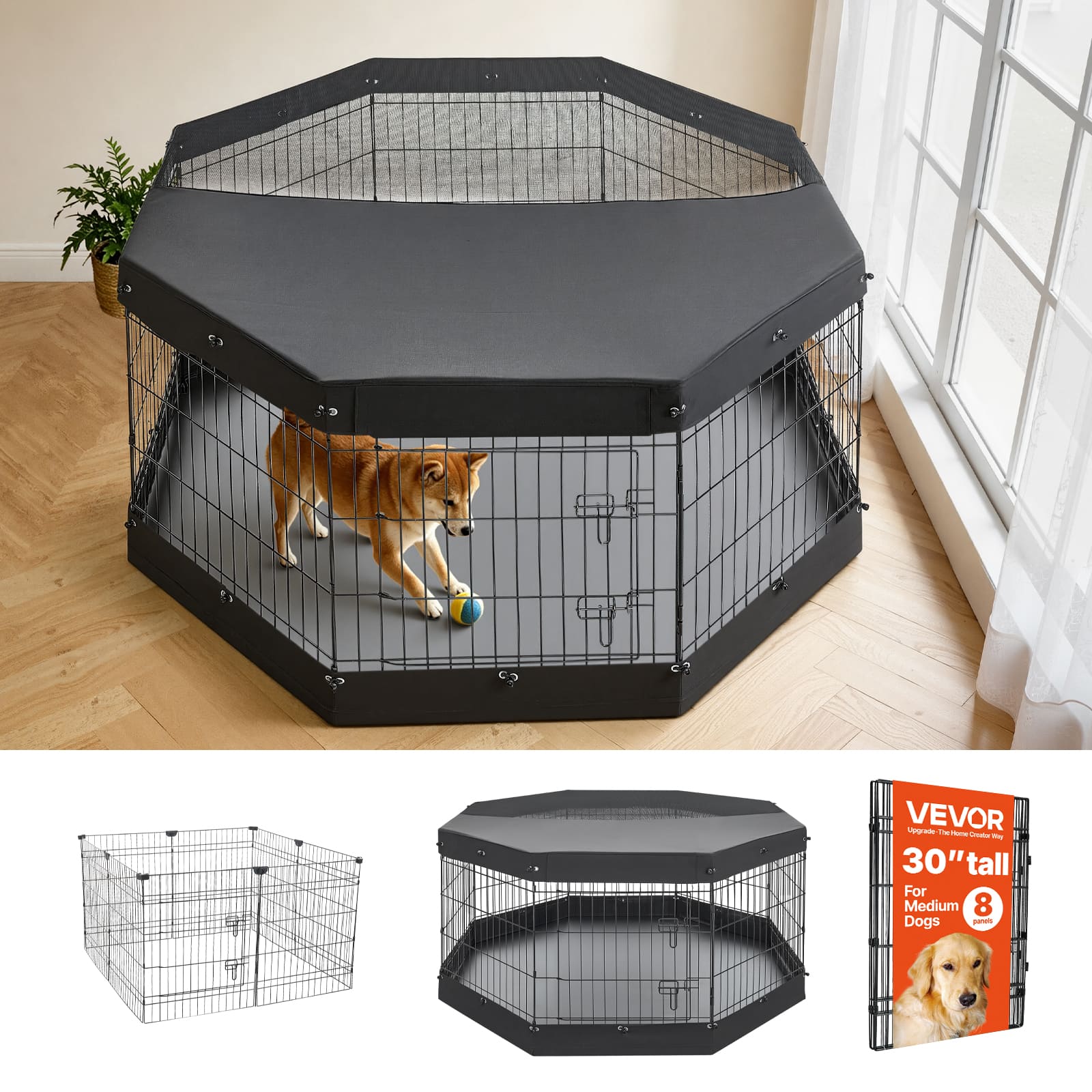 VEVOR - Dog Playpen 30 Inch 8 Panels Exercise Pen with Top Cover & Bottom Pad, Indoor Foldable Metal Pet Fence with Door - Black price history on PriceWatchPro