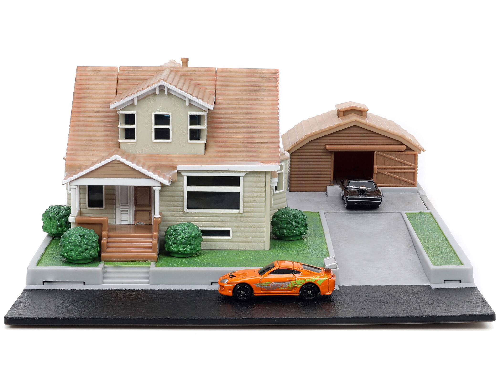 Left. Jada - Toretto House Diorama with Dodge Charger Black & Toyota Supra Orange "Fast & Furious" Nano Scene Series by Jada - Multicolor.