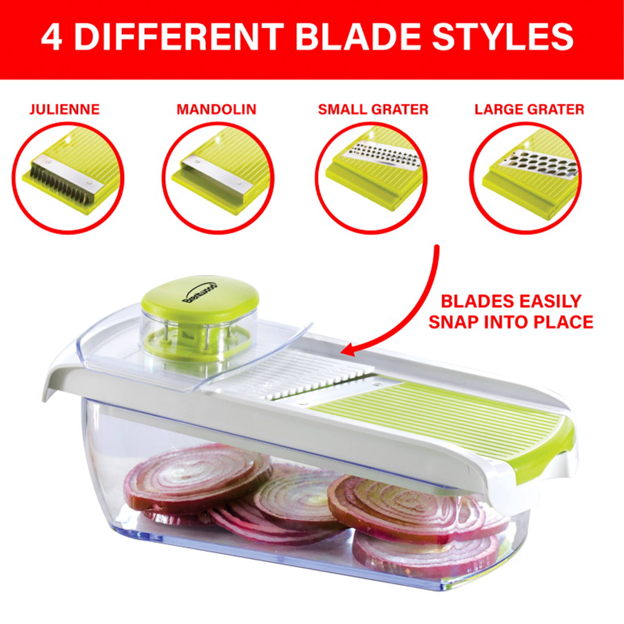 4 DIFFERENT BLADE STYLES
JULIENNE
MANDOLIN
SMALL GRATER
LARGE GRATER
BLADES EASILY SNAP INTO PLACE