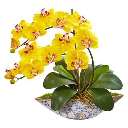 Front. BreeBe - 16" Phalaenopsis Orchid Artificial Arrangement in Vase - Yellow.