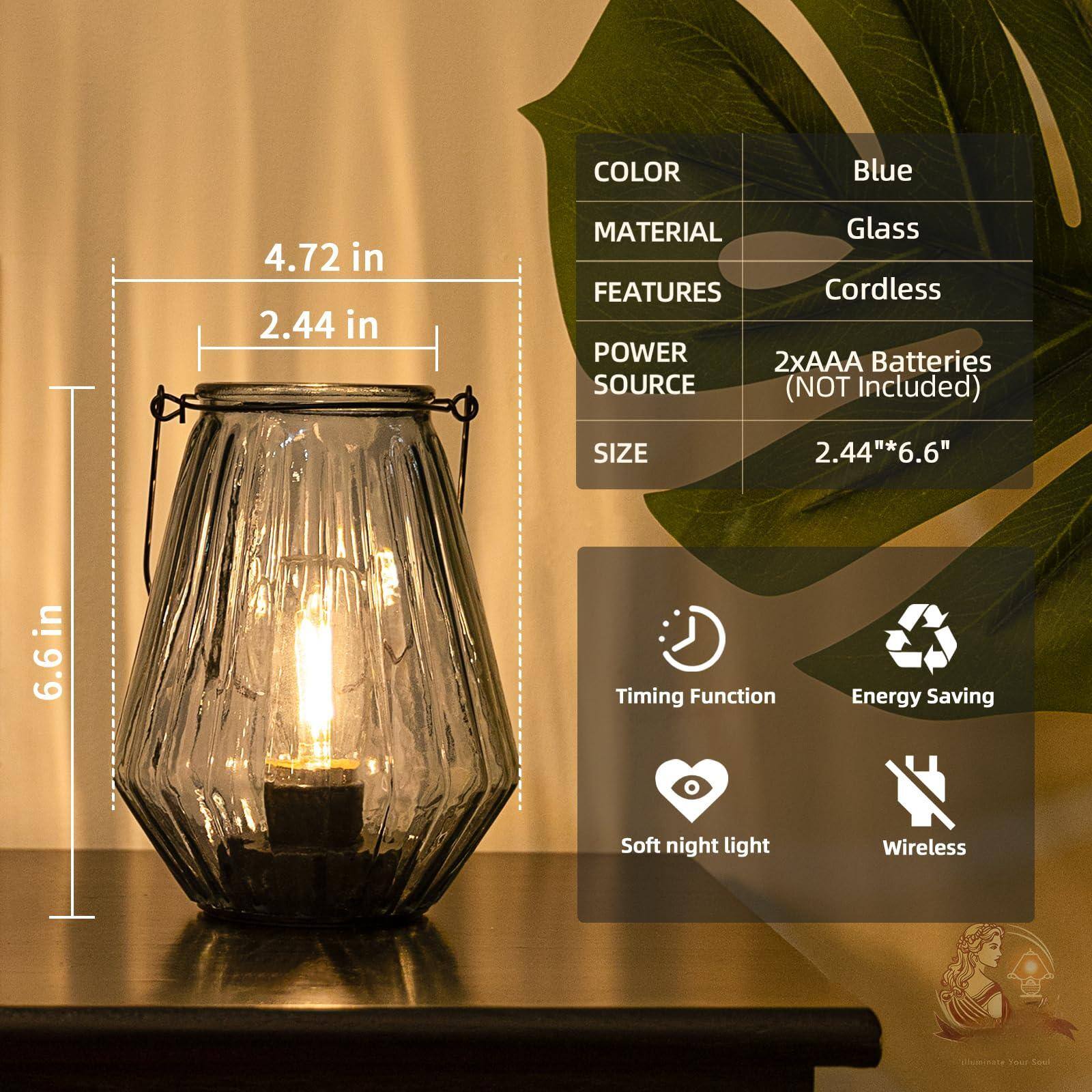 - COLOR: Blue
- MATERIAL: Glass
- FEATURES: Cordless
- POWER SOURCE: 2xAAA Batteries (NOT Included)
- SIZE: 2.44" x 6.6"

- Timing Function
- Energy Saving
- Soft night light
- Wireless