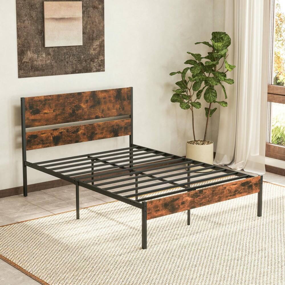 Left. Kadyn - Platform Bed Frame, Bedroom Bed Frame,Twin/Full/Queen/King Metal Bed Frame with Wooden Headboard and Footboard-Full Size - Brown.