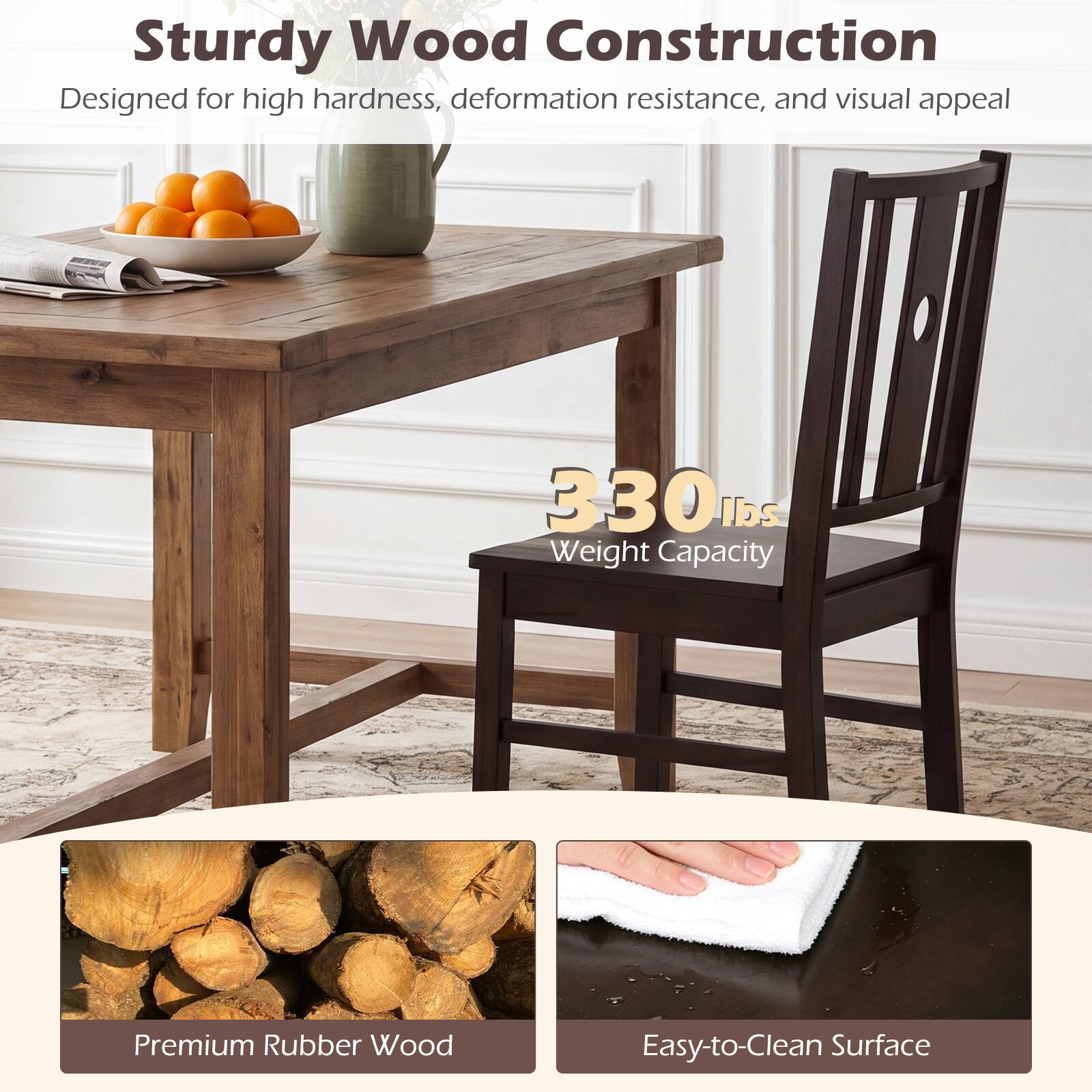 Sturdy Wood Construction  
Designed for high hardness, deformation resistance, and visual appeal  

330lbs Weight Capacity  

Premium Rubber Wood  

Easy-to-Clean Surface
