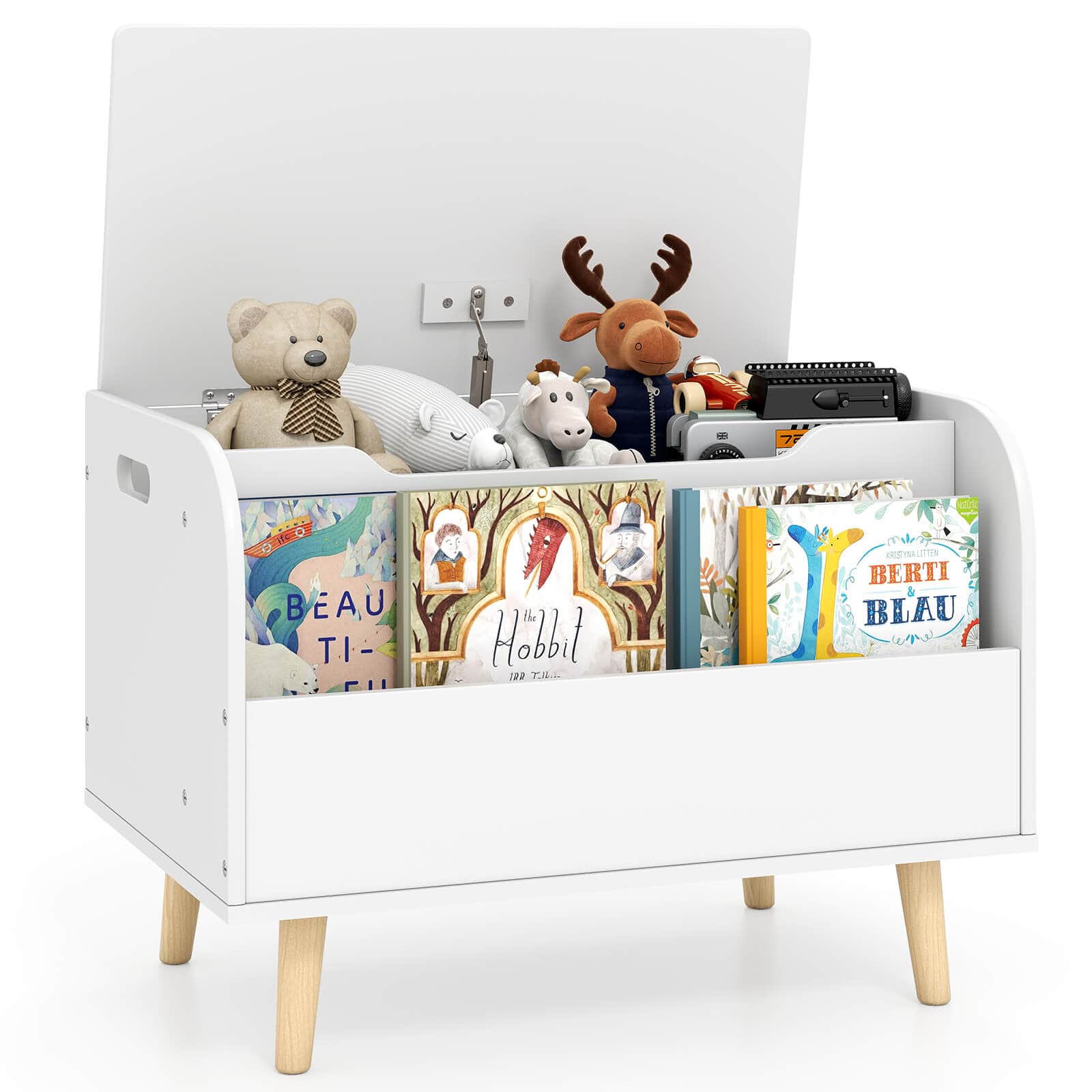 Costway - Kids Wooden Toy Box with Front Bookshelf 4 Solid Wood Legs Flip-top Lid for Nursery - White
