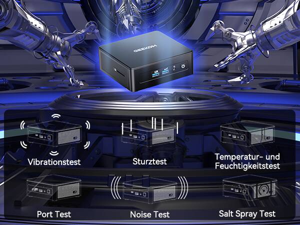 GEEKOM Vibrationstest Sturztest Temperatur- und Feuchtigkeitstest Port Test Noise Test Salt Spray Test