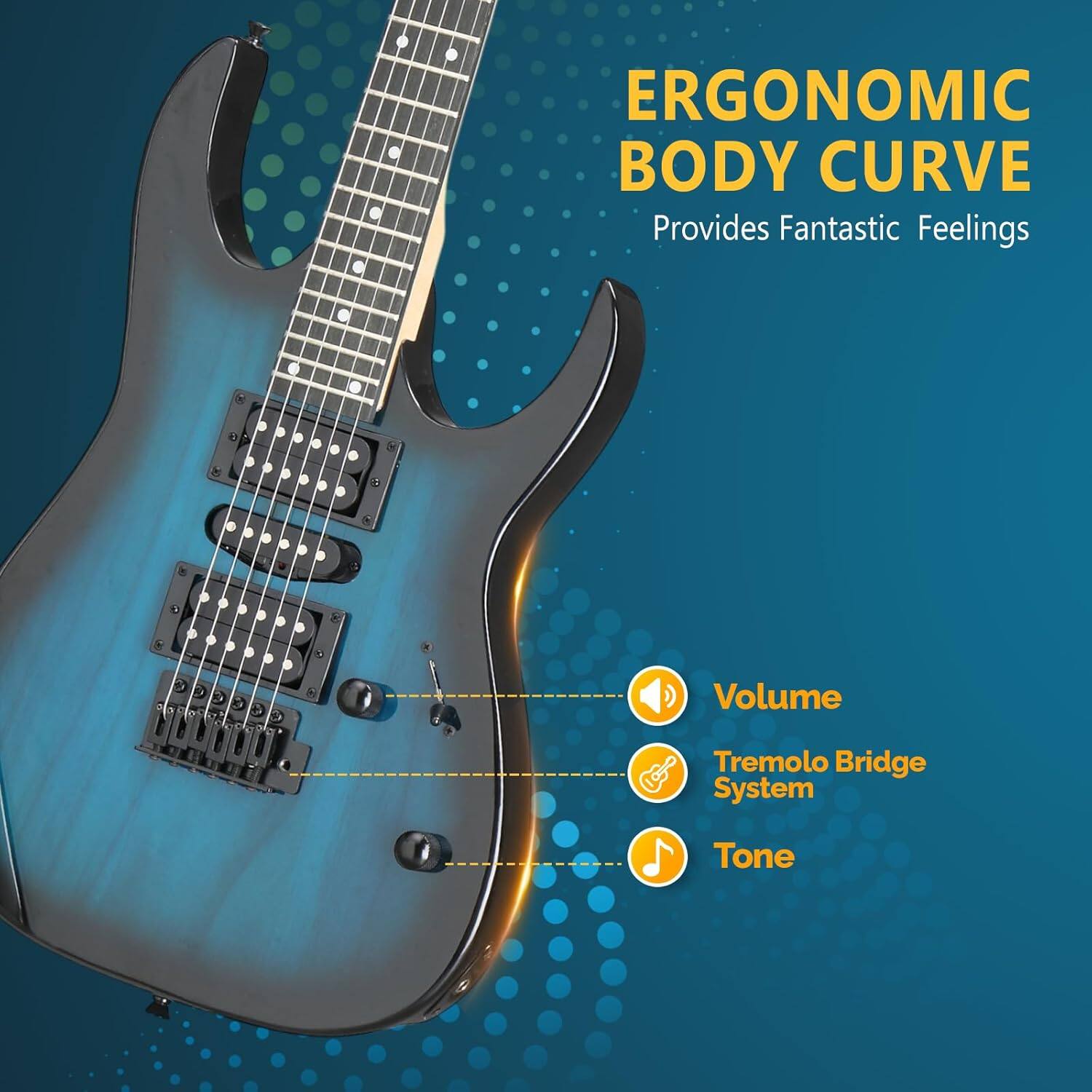 ERGONOMIC BODY CURVE  
Provides Fantastic Feelings  

1. Volume  
2. Tremolo Bridge System  
3. Tone
