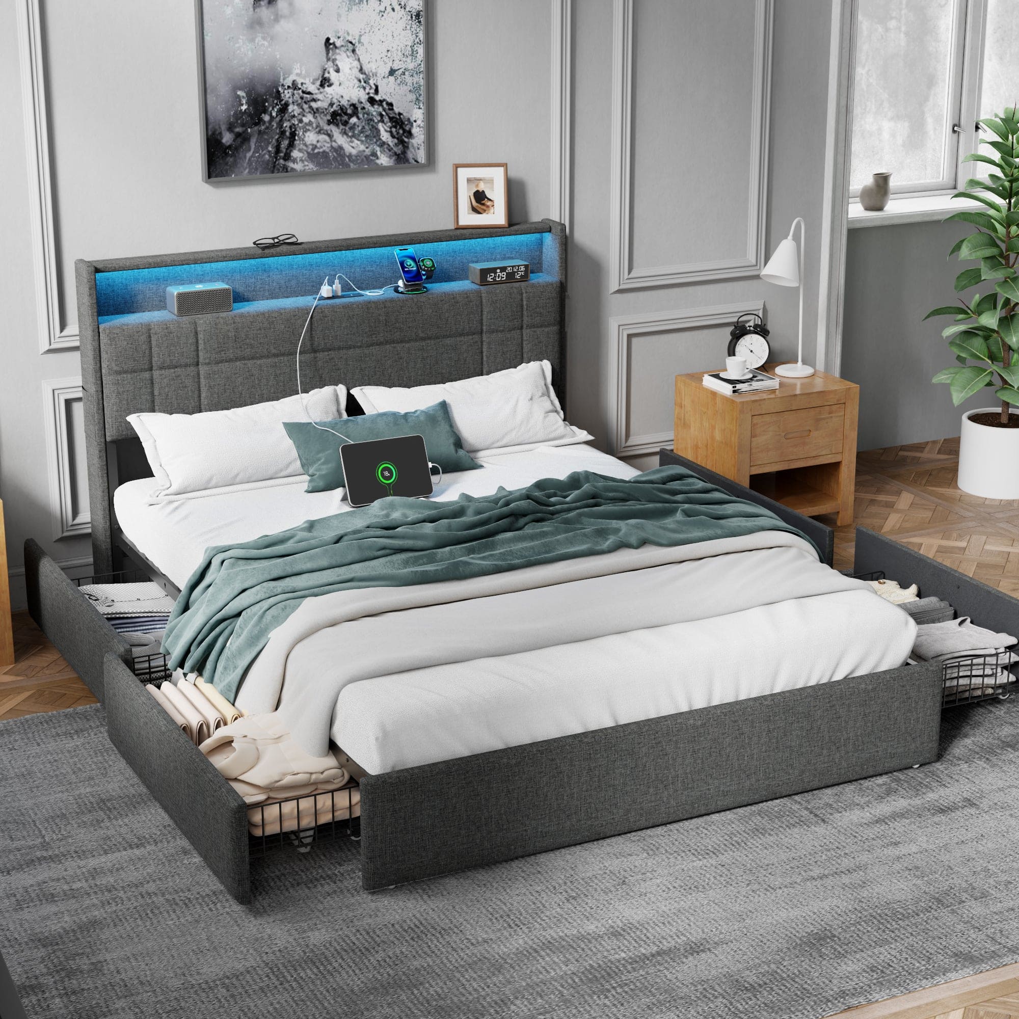 Furnulem - Platform Bed Frame with 4 Underbed Drawers & Open Storage Headboard LED Light & Charging Station - Gray