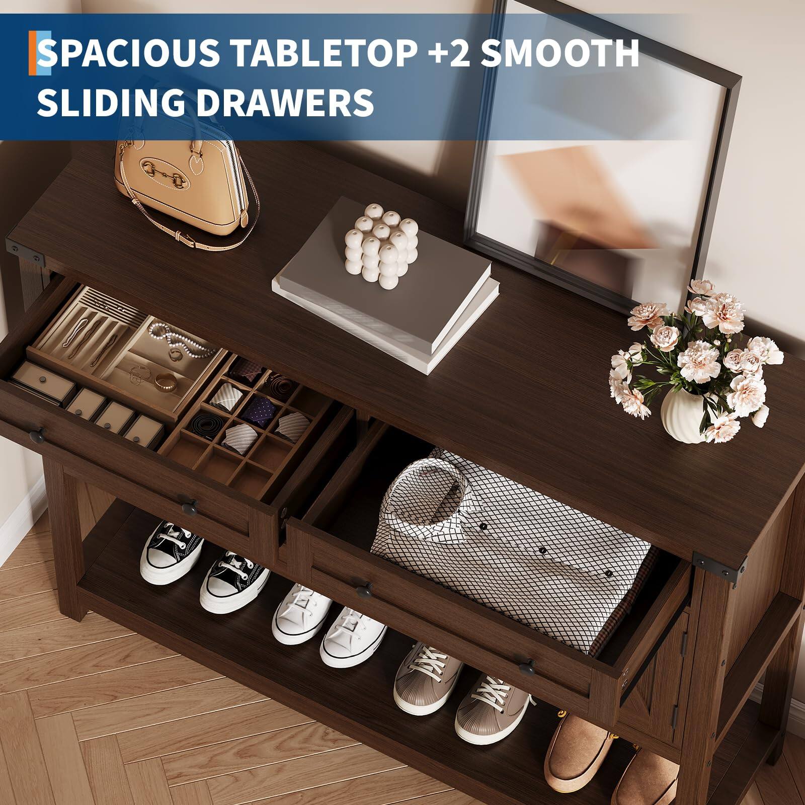 SPACIOUS TABLETOP + 2 SMOOTH SLIDING DRAWERS