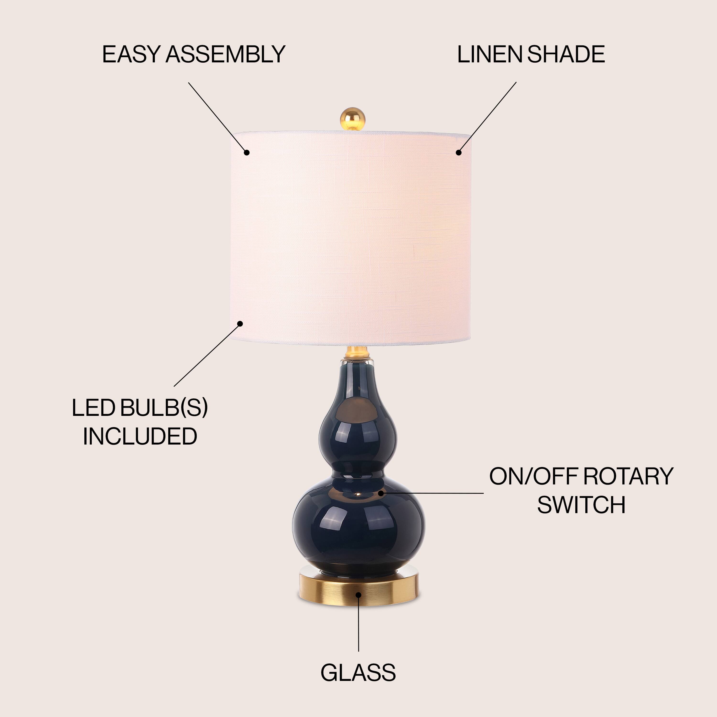 EASY ASSEMBLY  
LINEN SHADE  
LED BULB(S) INCLUDED  
ON/OFF ROTARY SWITCH  
GLASS