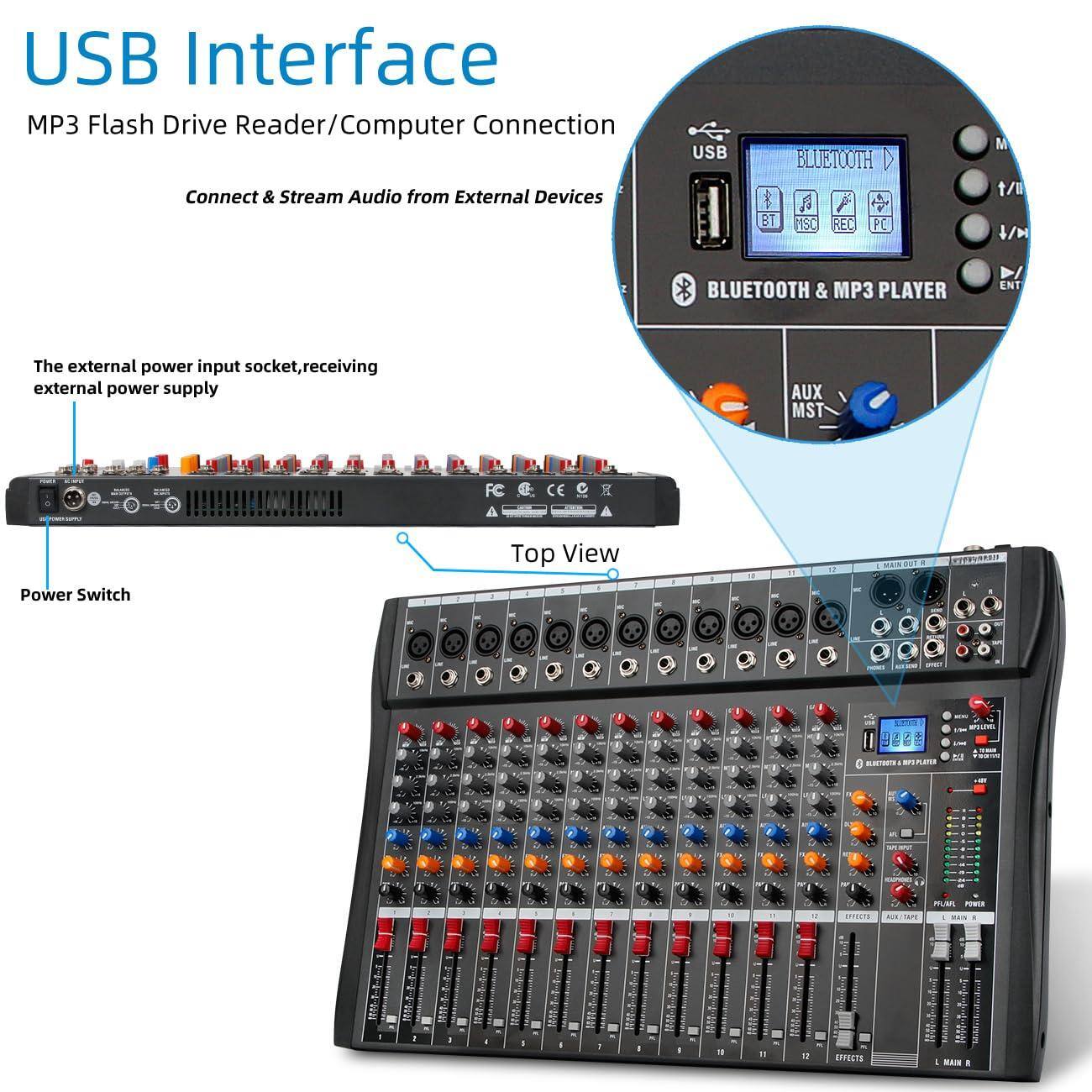 USB Interface  
MP3 Flash Drive Reader/Computer Connection  
Connect & Stream Audio from External Devices  

The external power input socket, receiving external power supply  

Power Switch  

Top View  

BLUETOOTH & MP3 PLAYER  
USB  
BT  
VSD  
RED  
PC  

AUX  
MST  

FC  
CE  

BLUETOOTH 4.0  
BT REC  
FC A  
CE  

MEXFECTS  
- - - - - - - - - - - - - - - - - - - - - - - - - - - - - - - - - - - - - - - - - - - - - - - - - - - - - - - - - - - - - - - - - - - - - - - - - - - - - - - - - - - - - - - - - - - - - - - - - - - - - - - - - - - - - - - - - - - - - - - - - - - - - - - - - - - - - - - - - - - - - - - - - - - - - - - - - - - - - - - - - - - - - -