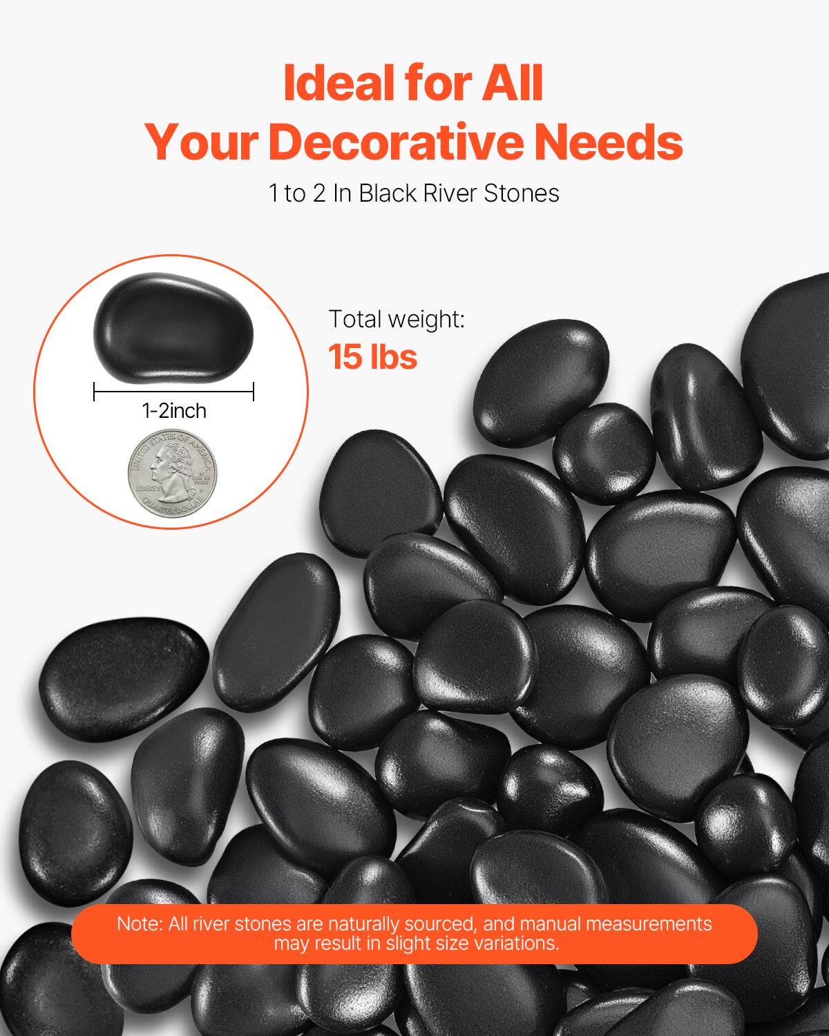 Ideal for All Your Decorative Needs  
1 to 2 In Black River Stones  

Total weight: 15 lbs  

Note: All river stones are naturally sourced, and manual measurements may result in slight size variations.