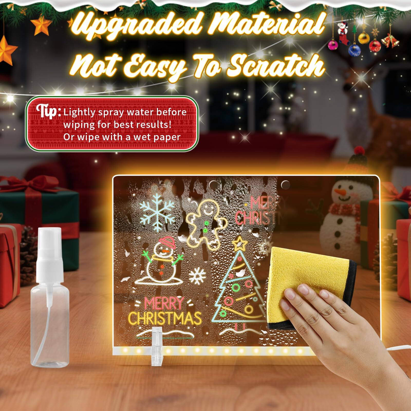 Upgraded Material Not Easy To Scratch

Tip: Lightly spray water before wiping for best results! Or wipe with a wet paper

MERRY CHRISTMAS