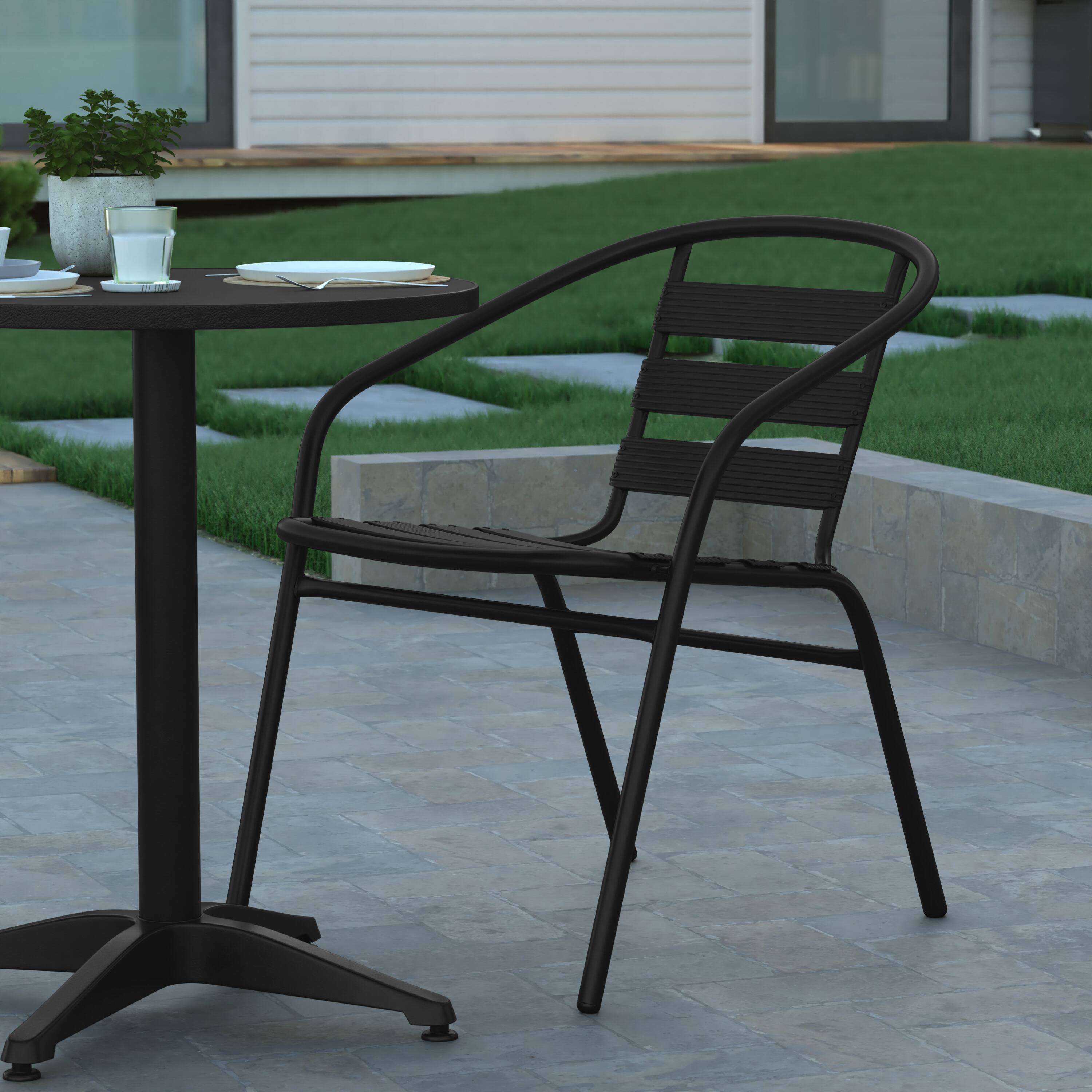 Alt View 5. Emma + Oliver - 23.5'' Round Aluminum Indoor-Outdoor Table Set with 2 Slat Back Chairs - Black.