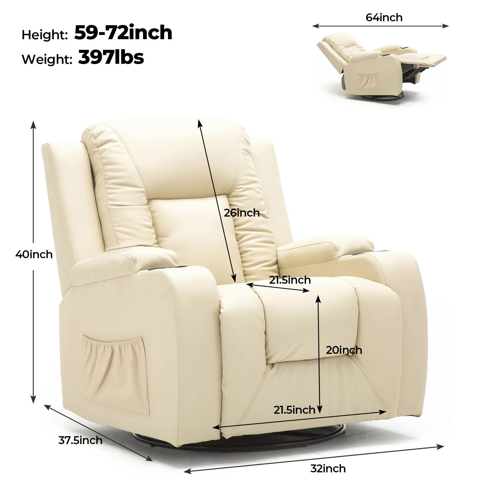 Height: 59-72 inch  
Weight: 397 lbs  
64 inch  
26 inch  
40 inch  
21.5 inch  
20 inch  
21.5 inch  
37.5 inch  
32 inch