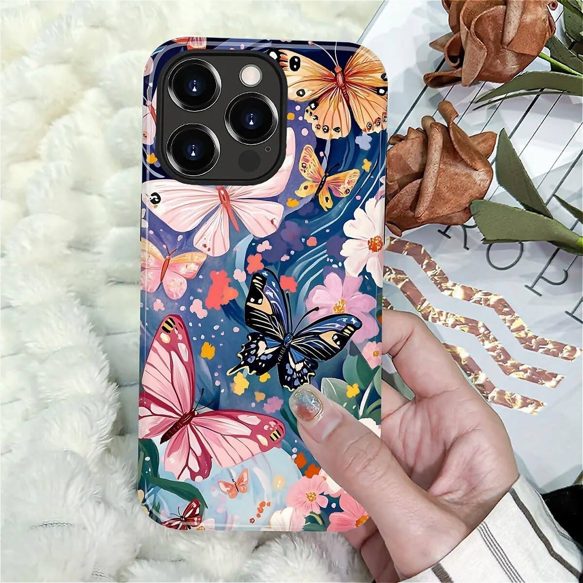 Alt View 5. Wikistore - Case for iPhone 14 Pro Max - Hybrid 2-Layer Durable Smartphone Protective Case - Butterflies Flowers Garden.