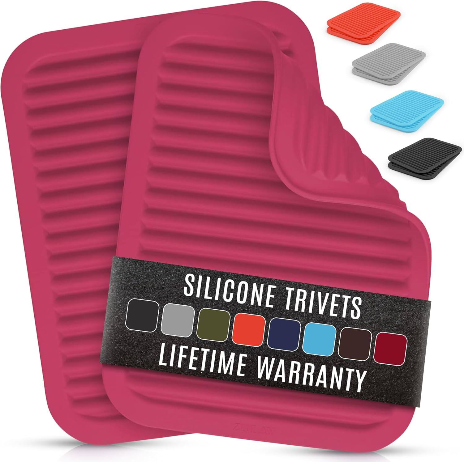 Zulay Kitchen - 2-Pack 9"x12" Silicone Trivets for Hot Pots & Pans - Rose Red