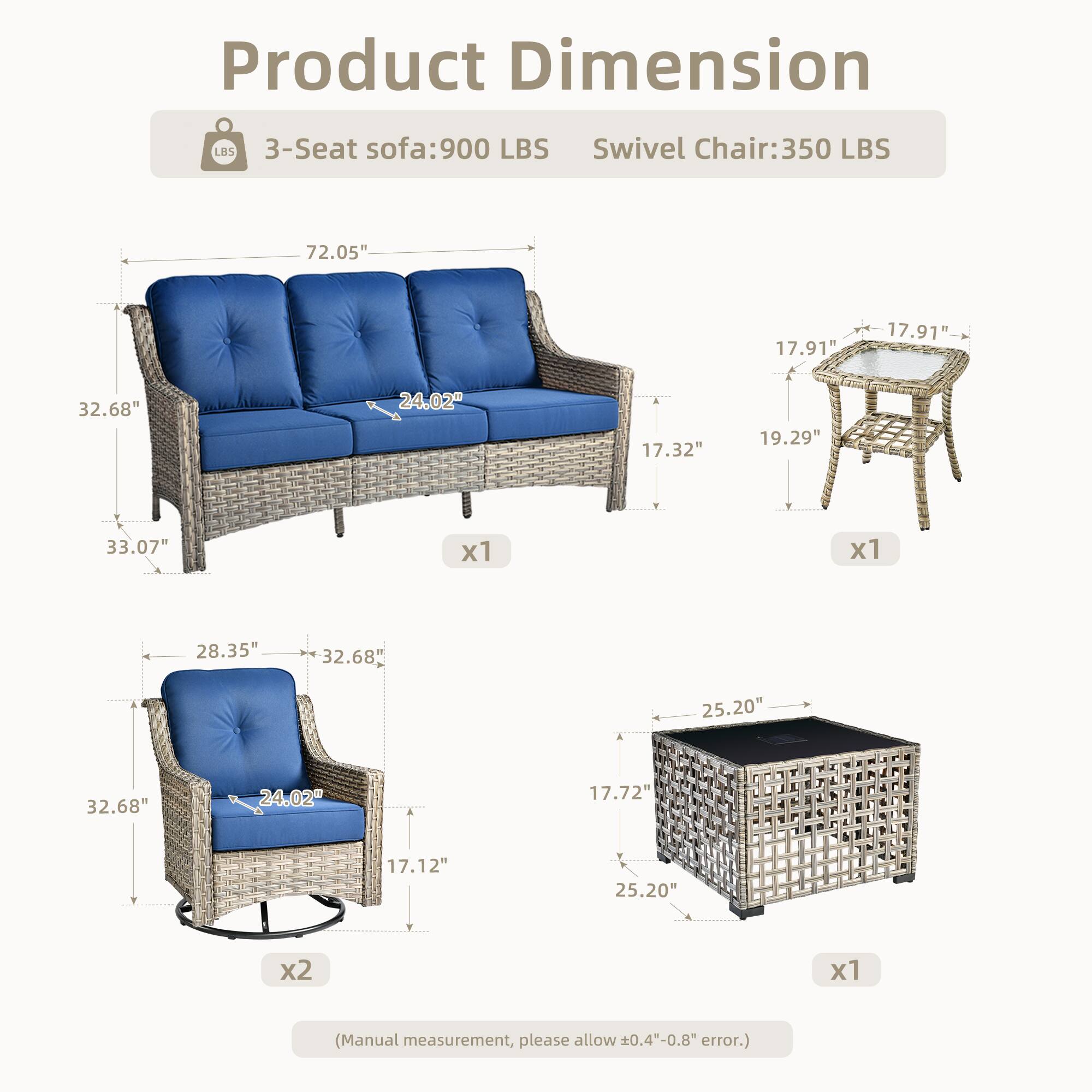Product Dimension

3-Seat sofa: 900 LBS  
Swivel Chair: 350 LBS

- 3-Seat sofa:  
  - Length: 72.05"  
  - Depth: 33.07"  
  - Height: 32.68"  
  - Seat Height: 17.32"  
  - Armrest Height: 19.29"  
  - Seat Depth: 24.02"  
  - Seat Width: 32.68"  
  - Back Height: 32.68"  
  - Back Width: 24.02"  
  - Back Depth: 17.72"  
  - Armrest Width: 17.12"  
  - Armrest Depth: 25.20"  
  - x1

- Swivel Chair:  
  - Length: 28.35"  
  - Depth: 32.68"  
  - Height: 32.68"  
  - Seat Height: 17.12"  
  - Armrest Height: