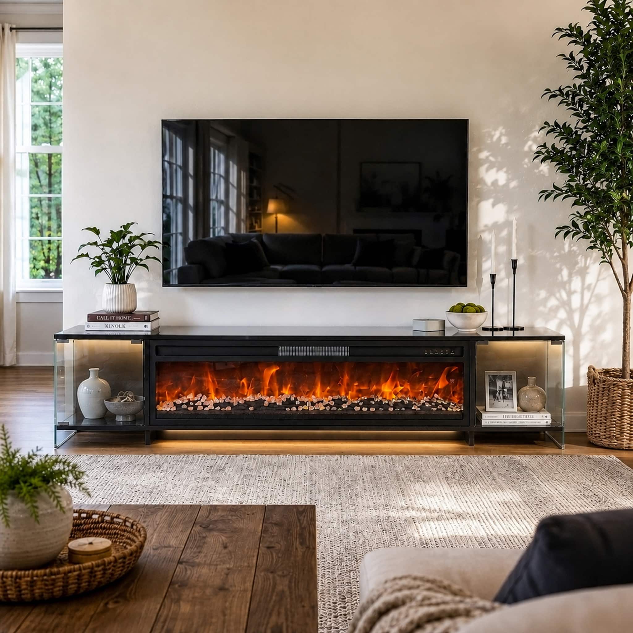 Famapy - 70.9-Inch Fireplace TV Stand with 46-Inch Electric Fireplace, Glass Display Cabinets and 3-Color LED Lights - Black price history on PriceWatchPro