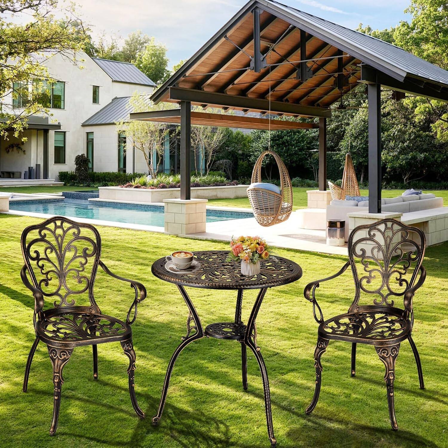 Alt View 4. Homhougo - 3 Piece Outdoor Bistro Set, Cast Aluminum Patio Table and Chairs Set of 2 with Umbrella Hole - Brown.