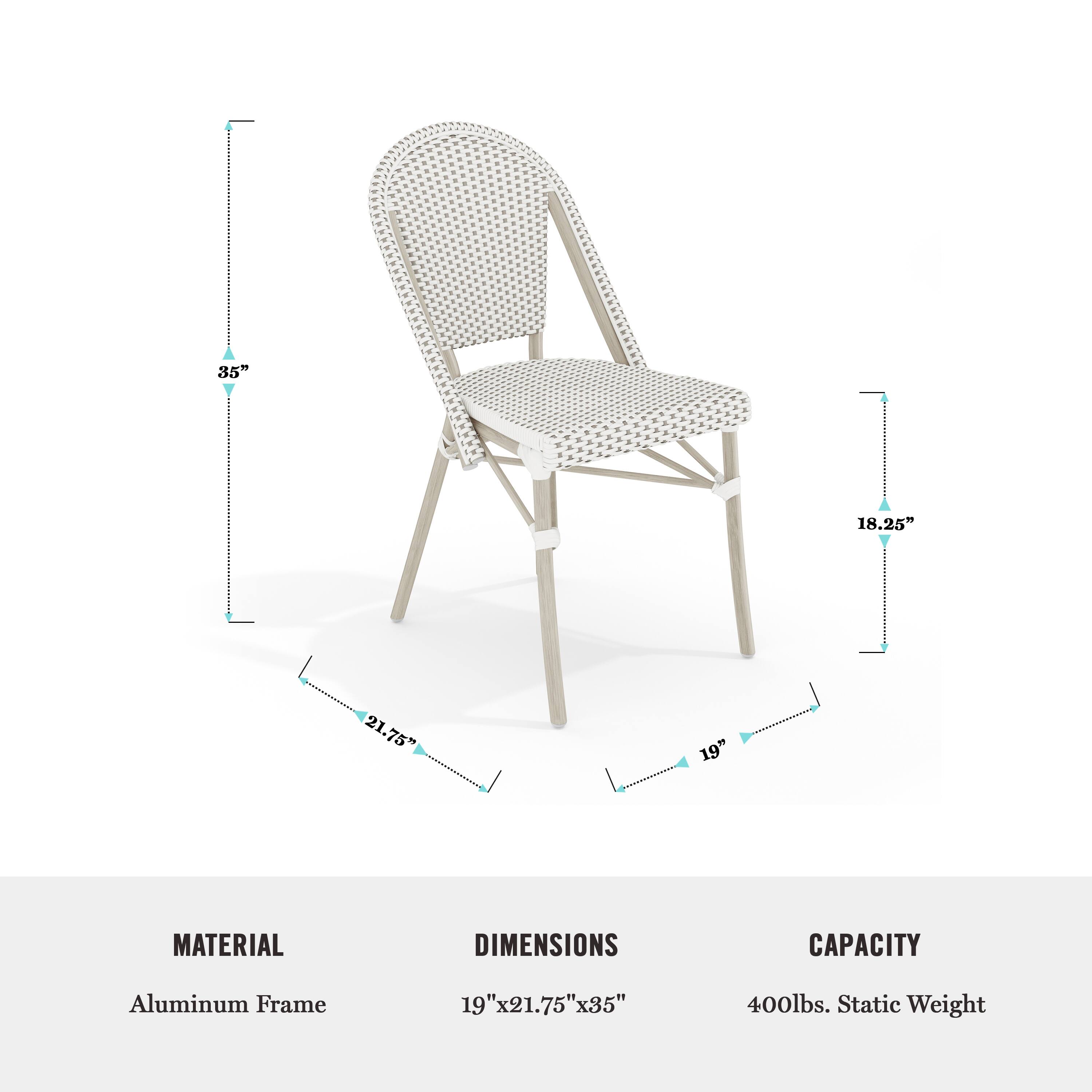 The text on the image reads:

Material: Aluminum Frame
Dimensions: 19" x 21.75" x 35"
Capacity: 400lbs. Static Weight