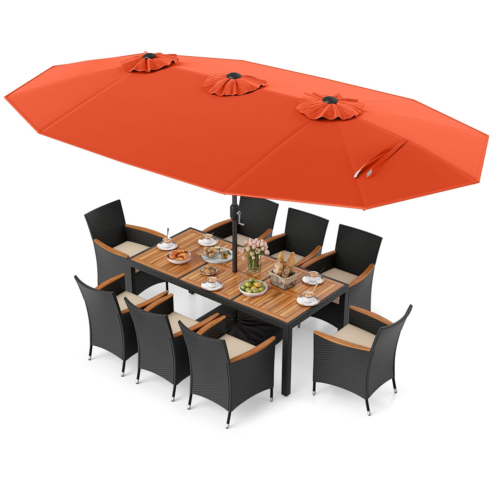 Costway - 11 PCS Patio Wicker Dining Set with Double-Sided Outdoor Umbrella 8 Stackable Chairs - Orange,White