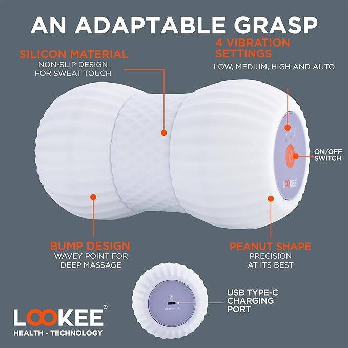 An adaptable grasp, 4 vibration settings (low, medium, high, and auto), non-slip design for sweat touch, on/off switch, bump design with wavey points for deep massage, peanut shape for precision, USB Type-C charging port.