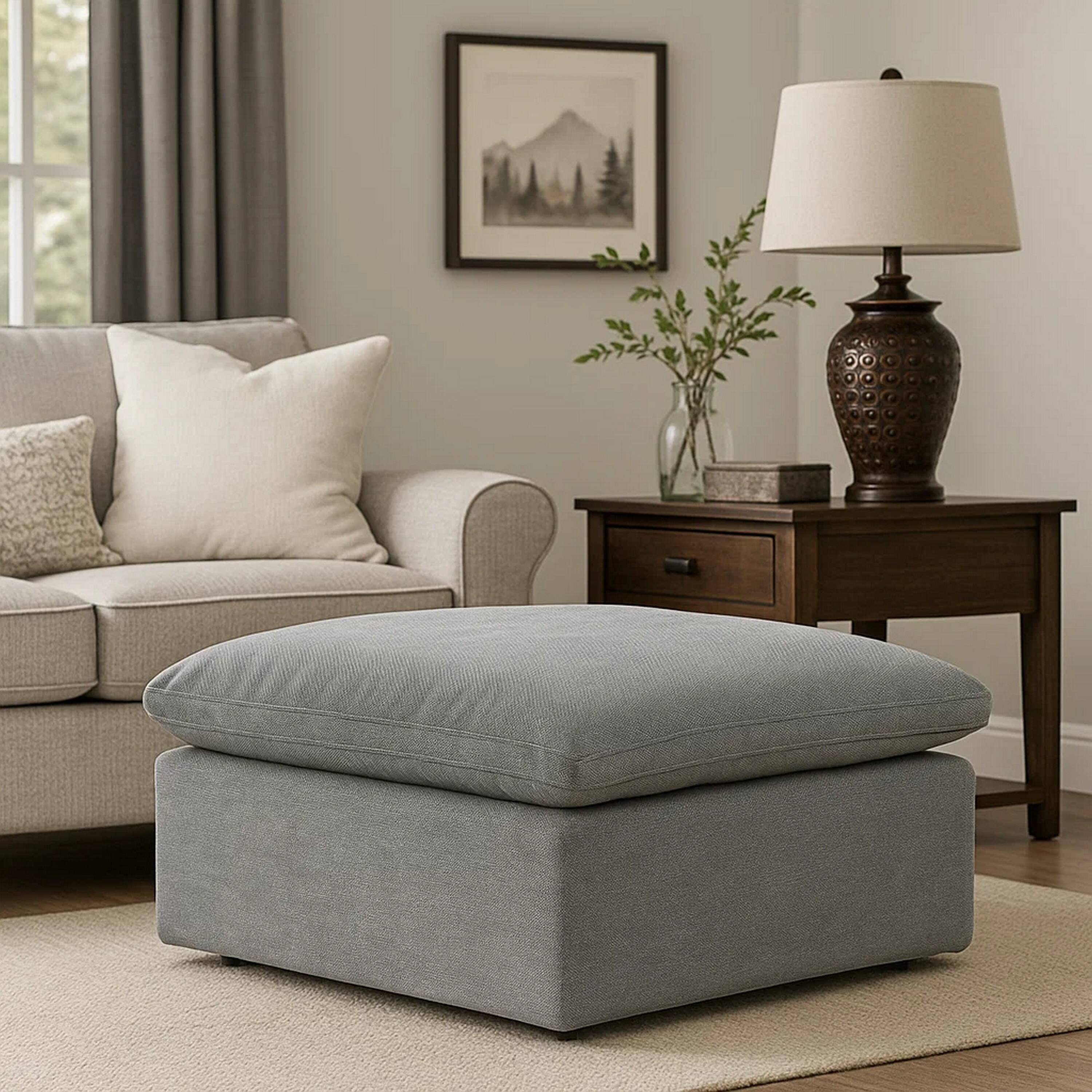 Alt View 5. Manhattan Lane - Shar 37 Inch Square Ottoman, Removable Pillow Top Cushion - Gray Linen.