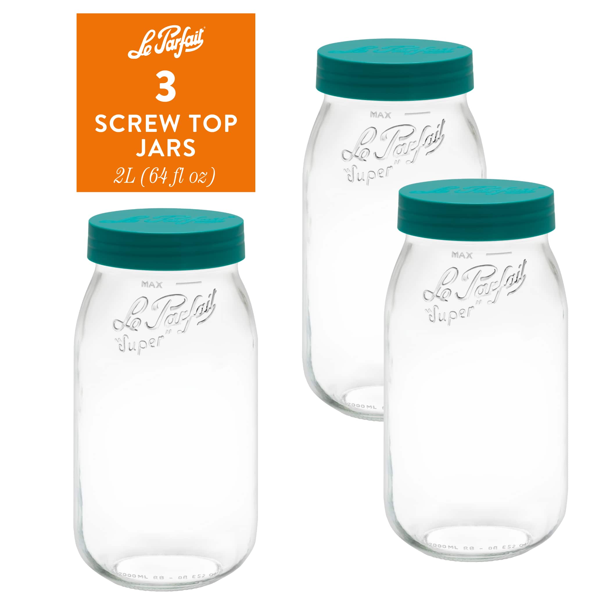 Le Parfait - Screw Top Jar - 2L Wide Mouth French Glass Canning Jar w/ Color Plastic Lid, 64oz/2 Quarts (Pack of 3) - PINE