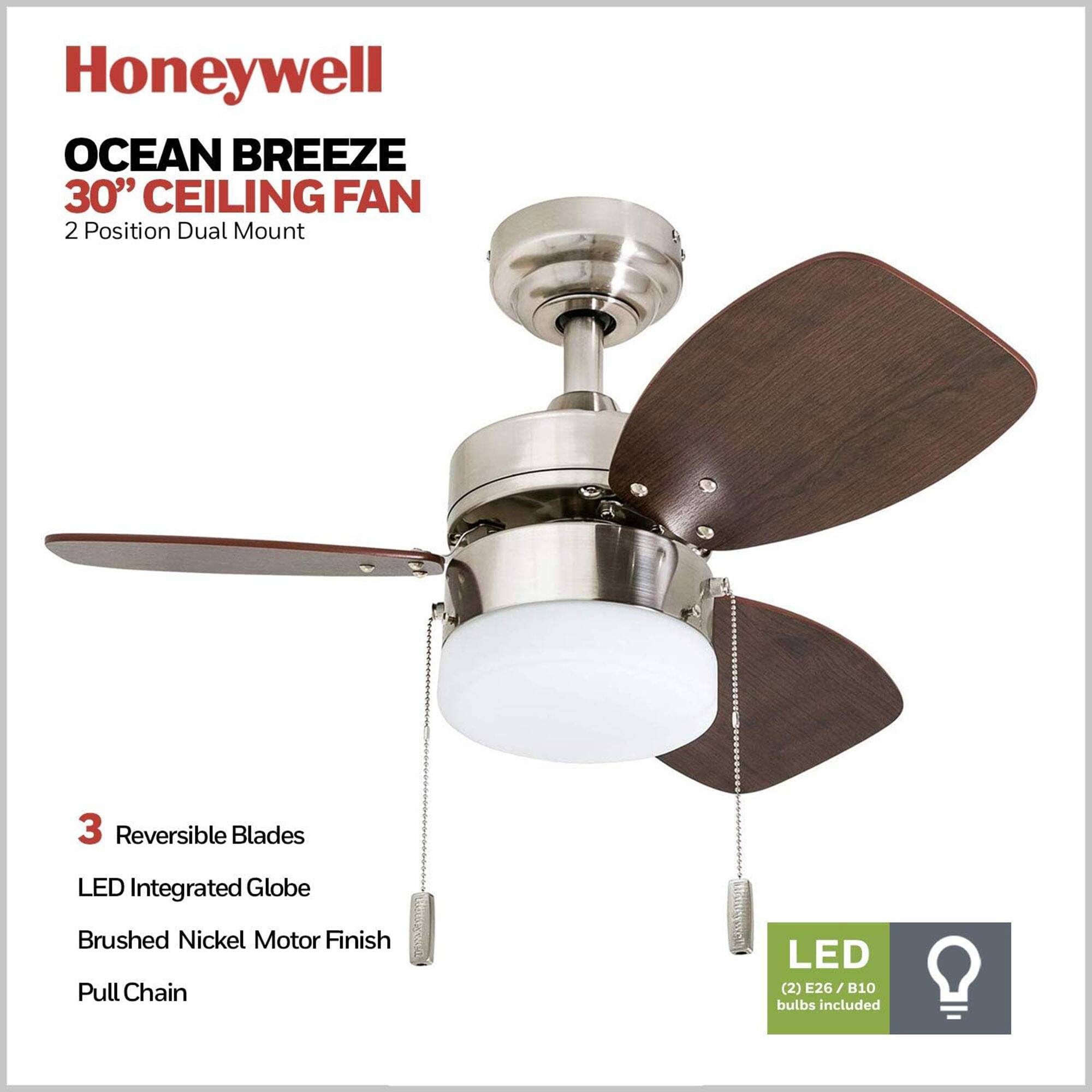 Honeywell OCEAN BREEZE 30" CEILING FAN 2 Position Dual Mount 3 Reversible Blades LED Integrated Globe Brushed Nickel Motor Finish Pull Chain LED (2) E26 26/B10 bulbs included