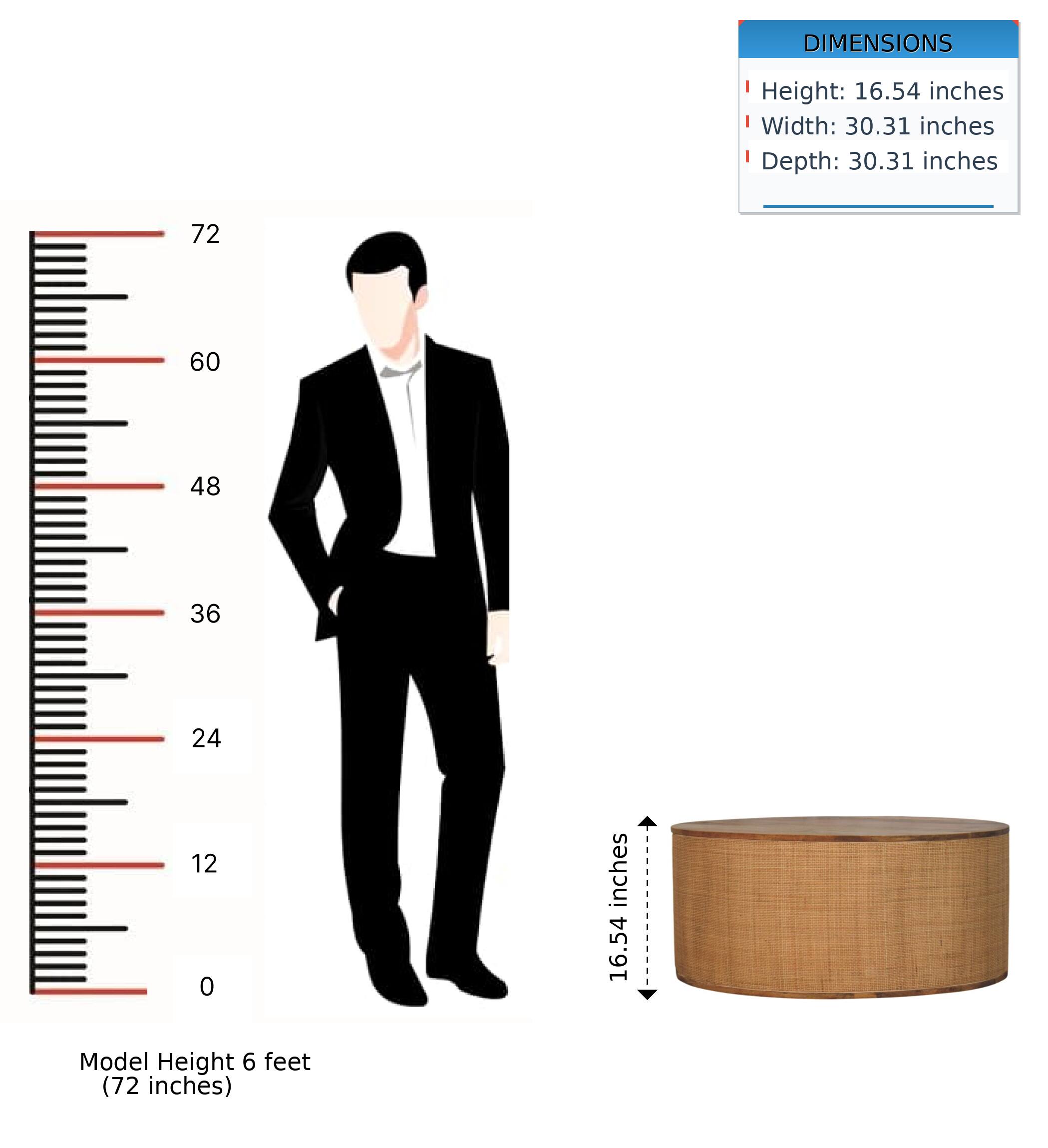 DIMENSIONS  
Height: 16.54 inches  
Width: 30.31 inches  
Depth: 30.31 inches  

Model Height 6 feet (72 inches)