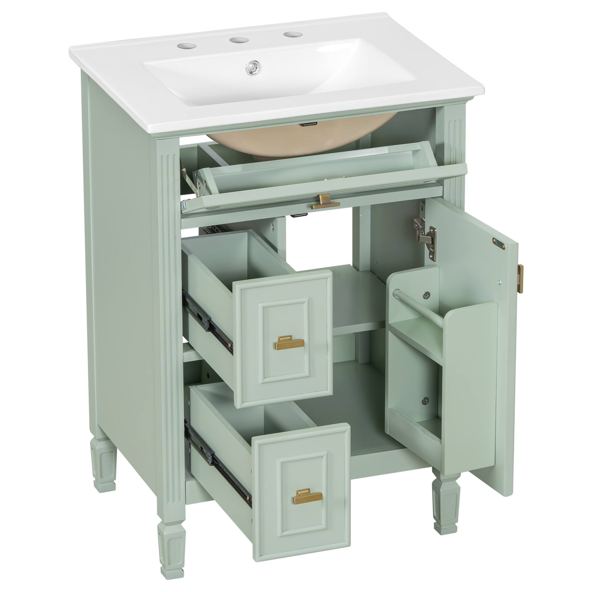 Alt View 1. Whisen - 24-Inch Freestanding Bathroom Vanity with Ceramic Sink Combo and Adjustable Storage - Green.