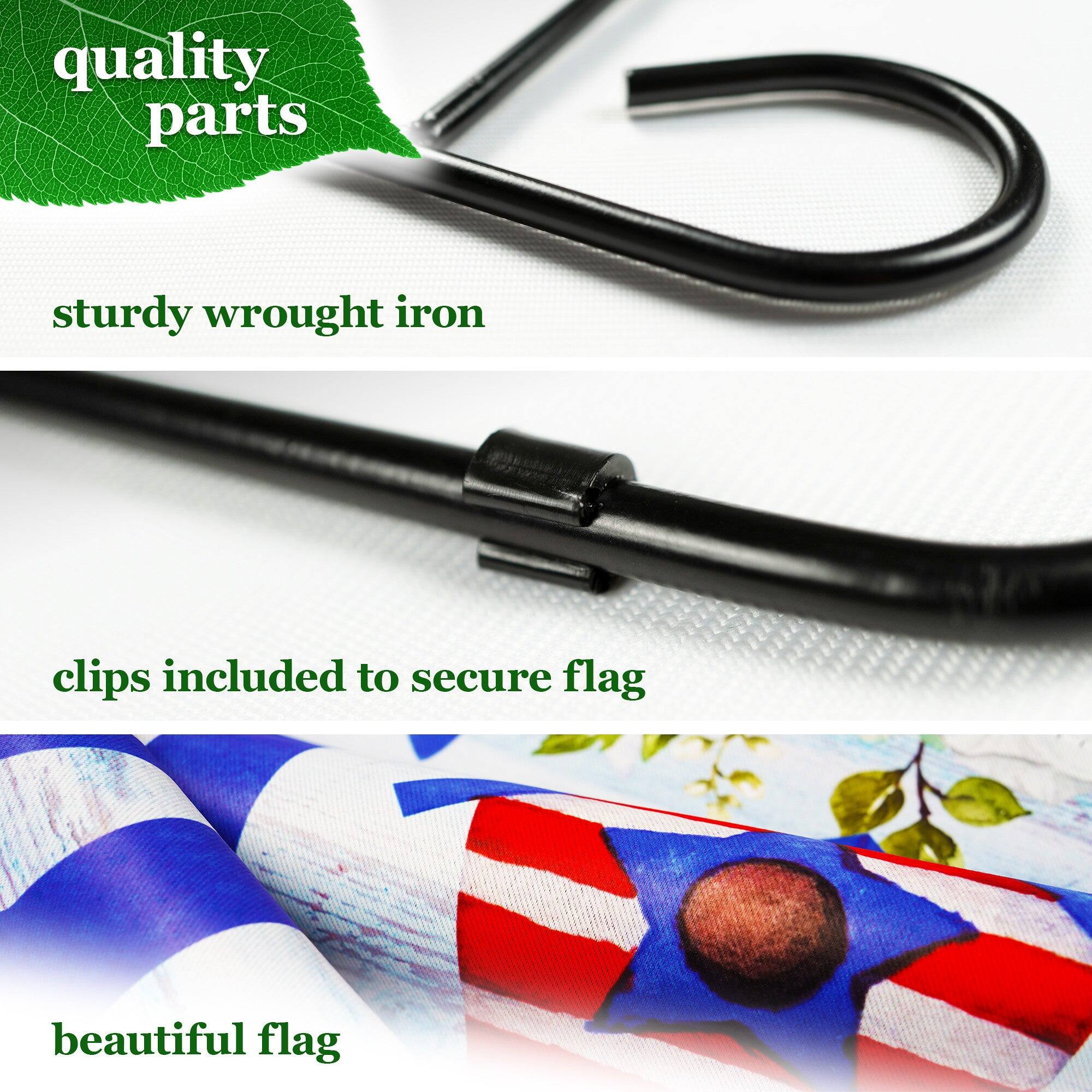 quality parts  
sturdy wrought iron  
clips included to secure flag  
beautiful flag