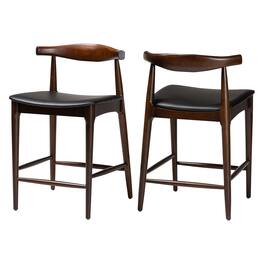 Baxton Studio - Eira Counter Stool Set of 2- Walnut Wood Frame Counter-height Chair with Curved Backrest and Faux Leather Seat - Black/Walnut Brown