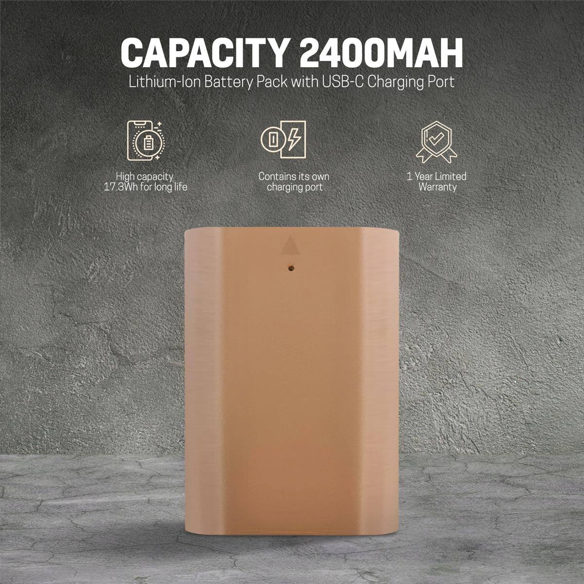 CAPACITY 2400MAH Lithium-lon Battery Pack with USB-C Charging Port

- High capacity 17.3Wh for long life
- Contains its own charging port
- 1 Year Limited Warranty