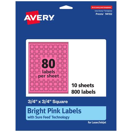 Go to avery.com/templates
AVERY
Use Avery Template Presta® 94102
80 labels per sheet
10 sheets
800 labels
3/4" x 3/4" Square
Bright Pink Labels with Sure Feed Technology for Laser/Inkjet