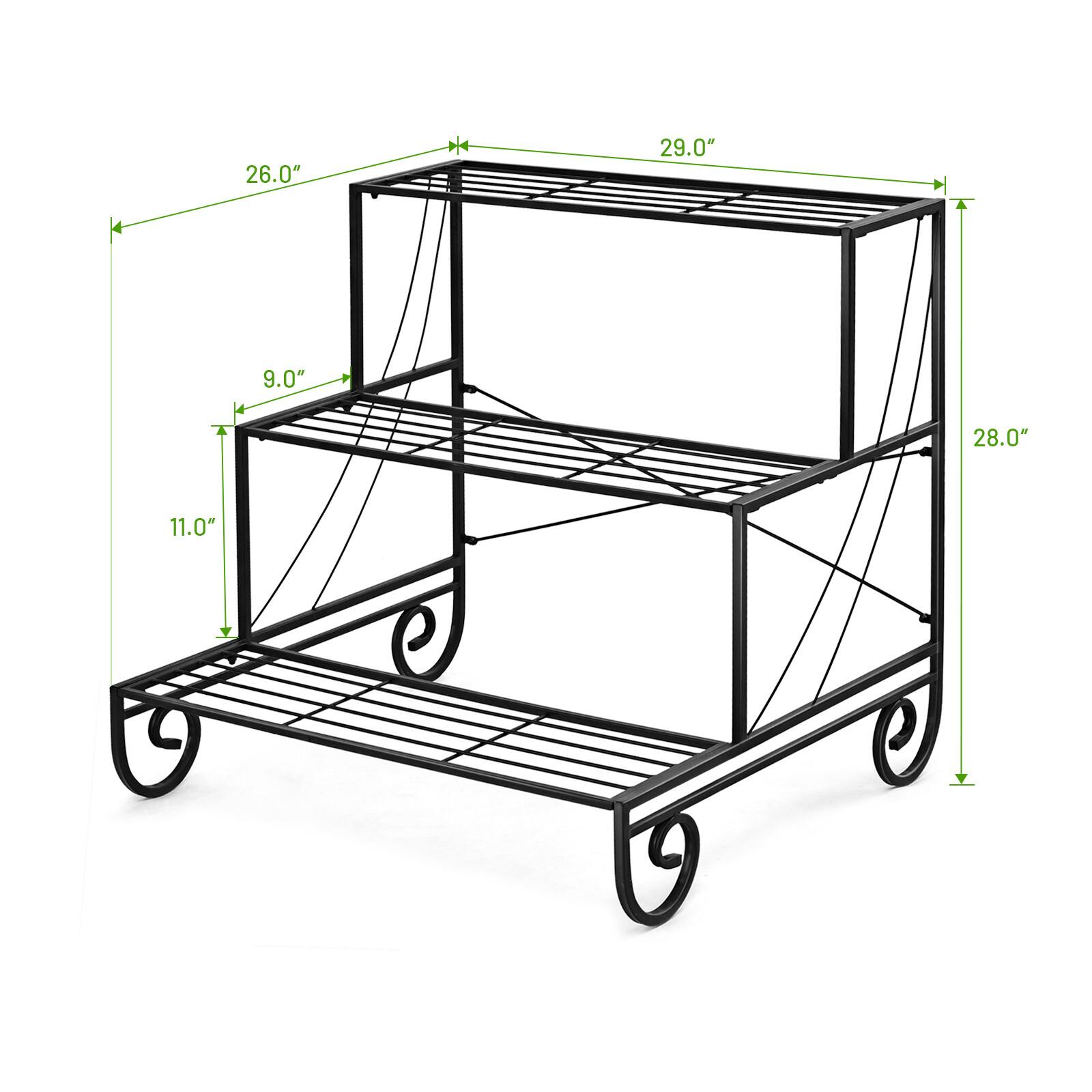 The image shows a metal shelf with a black frame and a white background. The shelf has a total of 3 shelves, with the dimensions of each shelf being 26.0" x 29.0" x 9.0". The shelf is also equipped with wheels for easy movement.