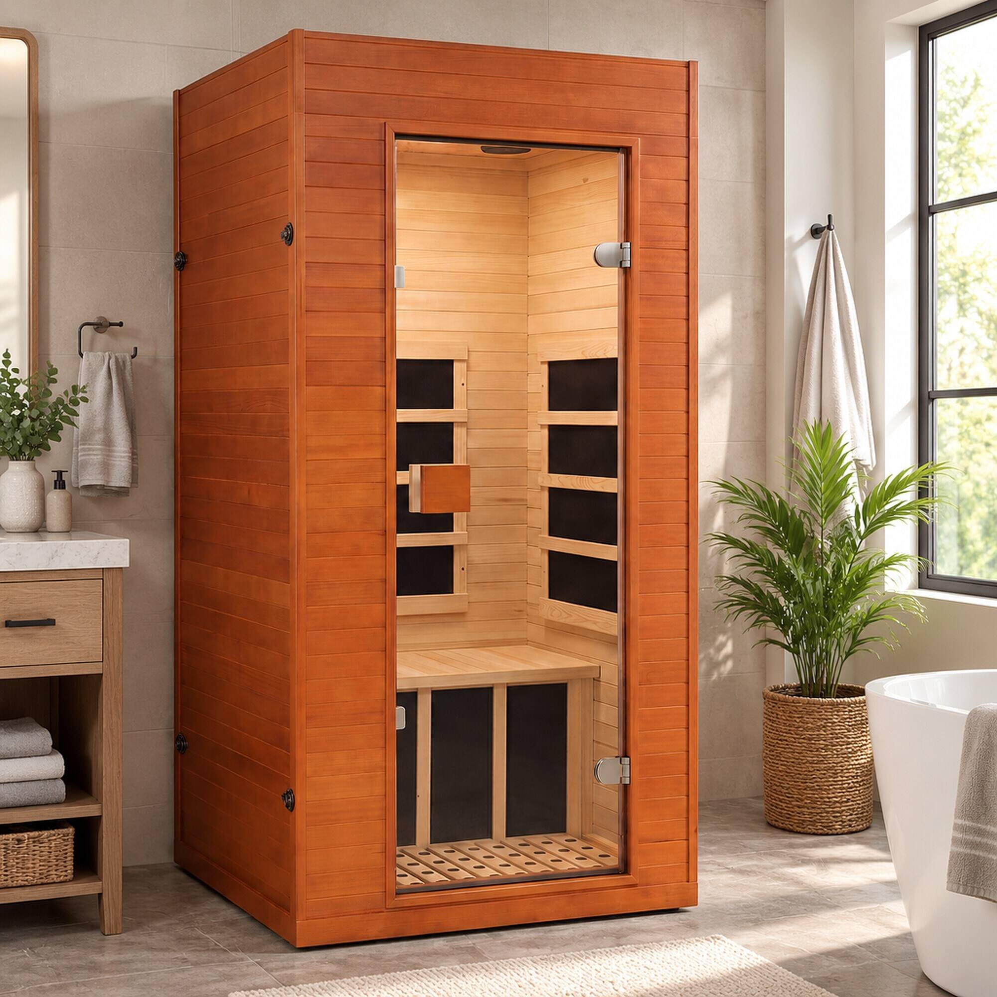 Back. RYHNUYNE - Smart Infrared Sauna for Home, 1-Person Canadian Hemlock Wood Cabin, Voice Control, Bluetooth Speakers, Red Light - Acacia Wood.