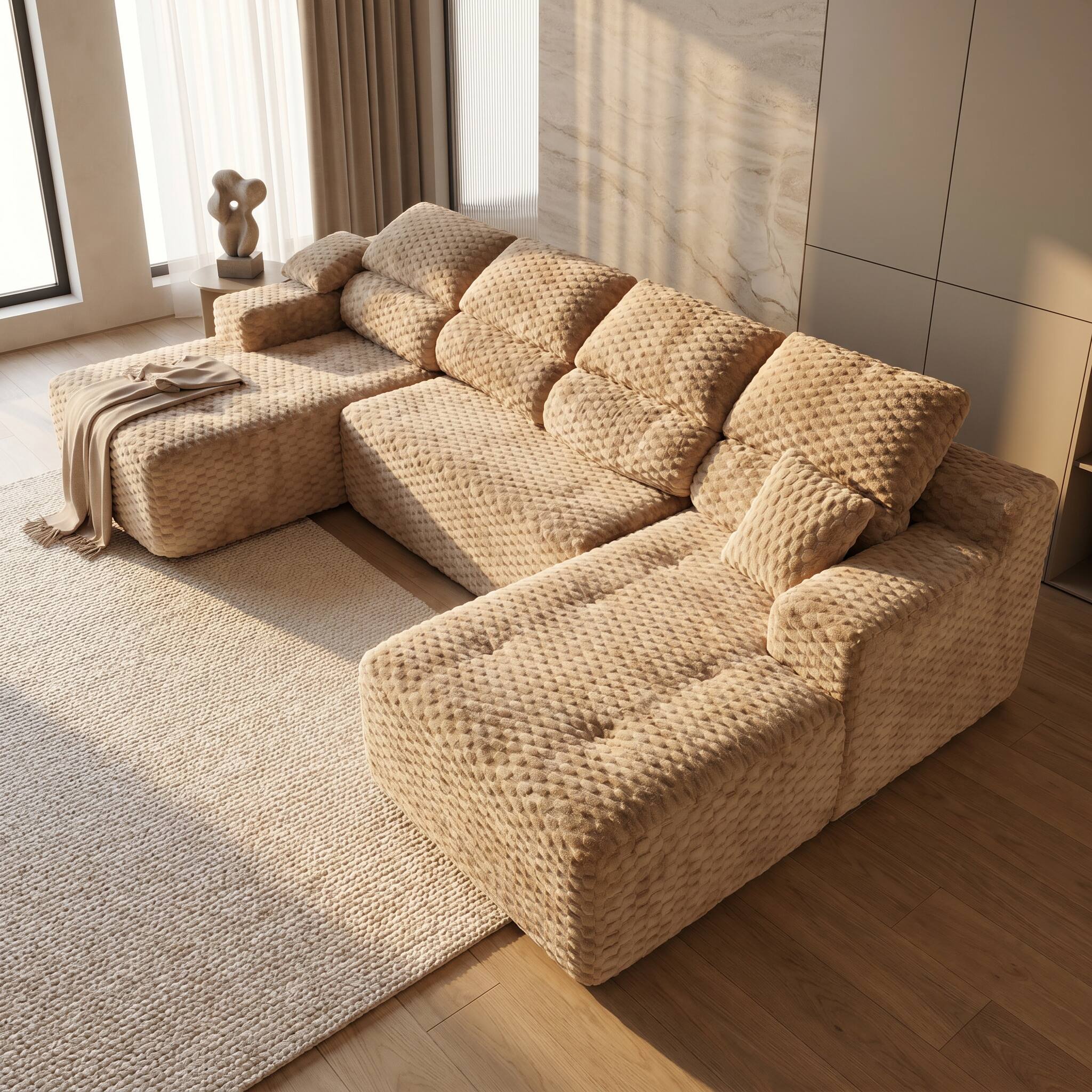 Back. Famapy - 135" Width Compressed Sectional Sofa No Assembly High-Density Foam, Pet-Friendly 3-Color Choice for Living Room - Beige.