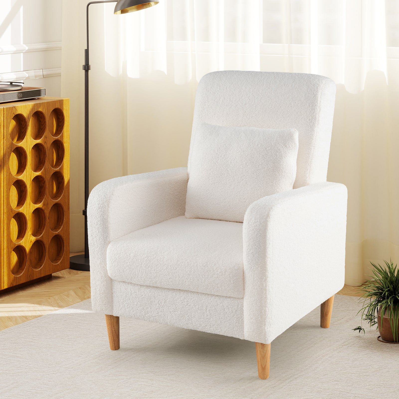 Gymax - Accent Chair w/Lumbar Pillow Teddy Fleece Cover Rubber Wood Legs for Living Room - White